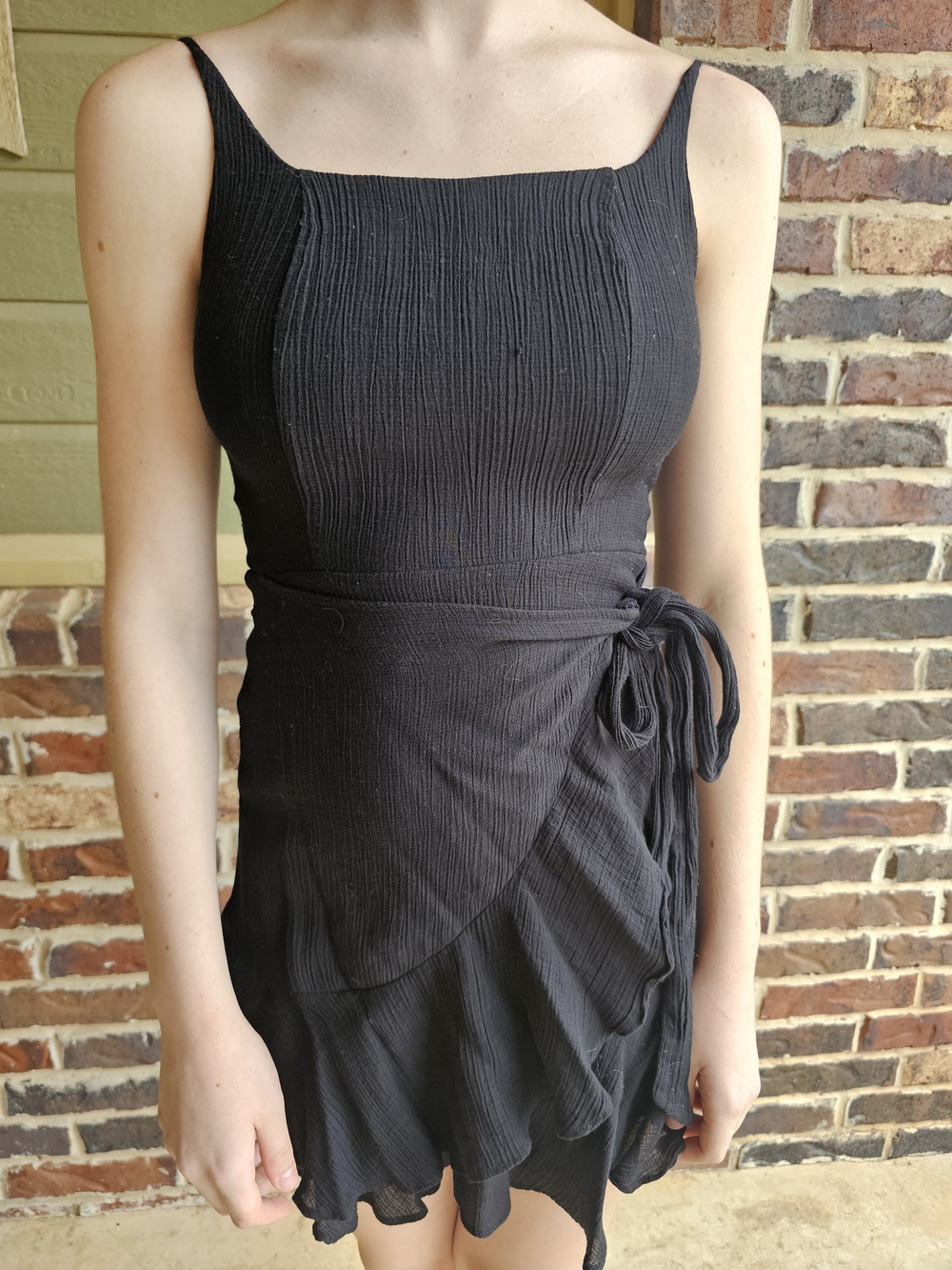 Gianni Bini Black Textured Ruffle Wrap Mini Dress with Side Tie